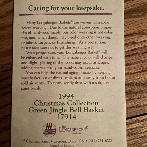 1994 Longaberger Jingle Bell Basket with original pamphets, liner and protector - Picture 10 of 13